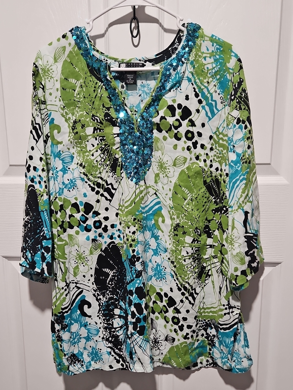 Carole Little Blue & Green Sequin V-Neck Tunic